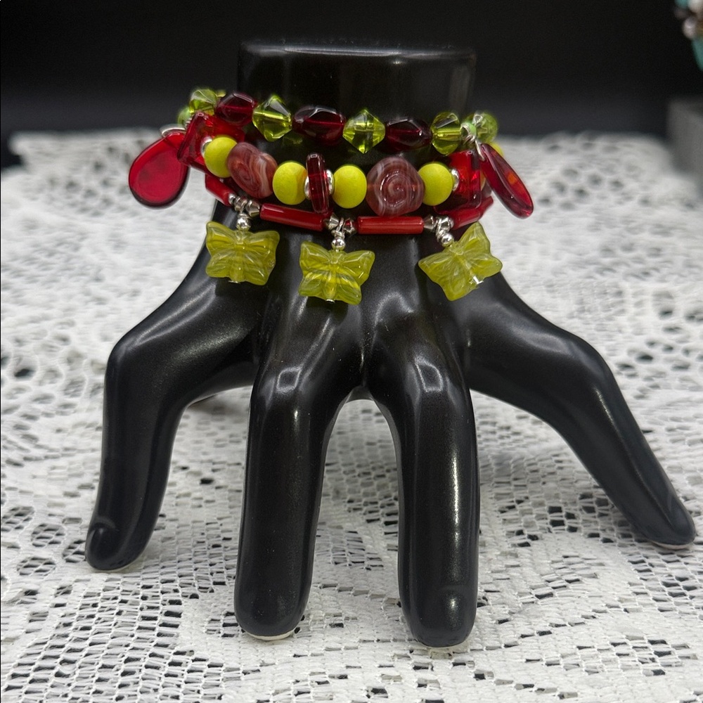 Hand Crafted Colorful Glass Beaded Bracelet Red Green Butterflies